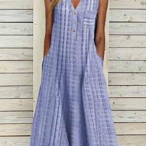 Women Casual Stripes Stand Collar Summer Dresses Maxi Dresses
